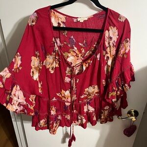 💜 Small/Medium ODDY Raspberry Red Floral Women's Blouse